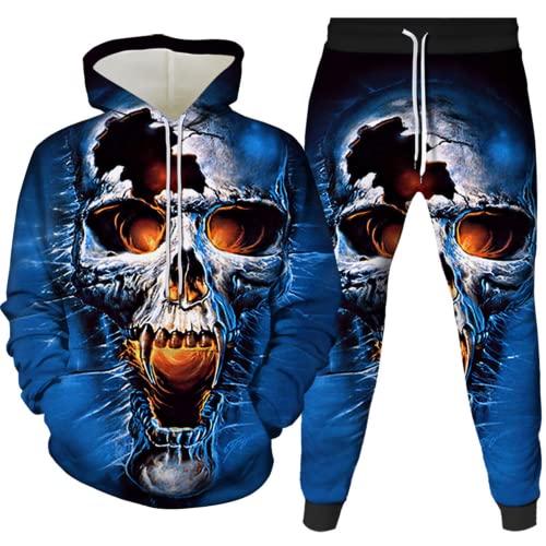 Amacigana Skelett Herren 2 Stück Trainingsanzug Set 3D Totenkopf Print Outfit Rock Hoodie Sweatshirt Jogginghose Casual Pullover Sportanzüge (skull 1,M) von Amacigana