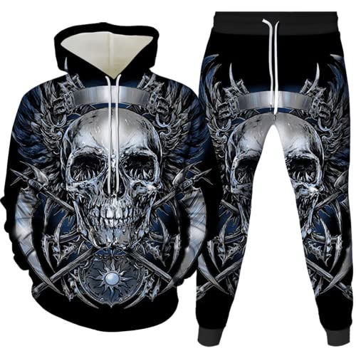 Amacigana Skelett Herren 2 Stück Trainingsanzug Set 3D Totenkopf Print Outfit Rock Hoodie Sweatshirt Jogginghose Casual Pullover Sportanzüge (skull 2,S) von Amacigana