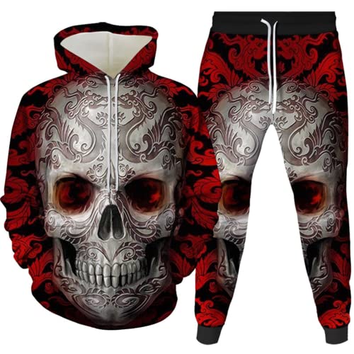 Amacigana Skelett Herren 2 Stück Trainingsanzug Set 3D Totenkopf Print Outfit Rock Hoodie Sweatshirt Jogginghose Casual Pullover Sportanzüge (skull 6,4XL) von Amacigana