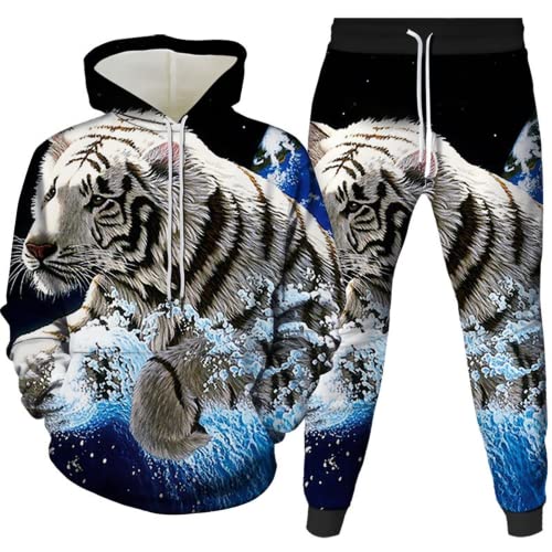 Amacigana Tiger Kapuzenpullover Hoodie 3D Drucken Tier Kapuzenpullover + Jogginghose Jogginganzug Sportanzug Jogging Sweatshirt Hose (08,4XL) von Amacigana