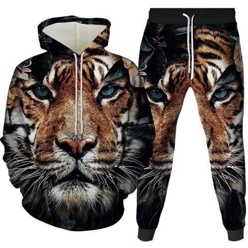 Amacigana Tiger Kapuzenpullover Set 3D Drucken Wolf Kapuzenpullover + Jogginghose Jogginganzug Sportanzug Männer Jogging Sweatshirt Hose (tiger 3,M) von Amacigana