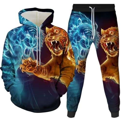 Amacigana Tiger Kapuzenpullover Set 3D Drucken Wolf Kapuzenpullover + Jogginghose Jogginganzug Sportanzug Männer Jogging Sweatshirt Hose (tiger 4,XL) von Amacigana