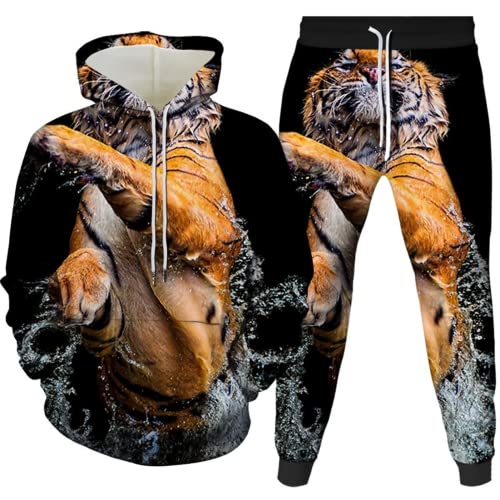 Amacigana Tiger Kapuzenpullover Set 3D Drucken Wolf Kapuzenpullover + Jogginghose Jogginganzug Sportanzug Männer Jogging Sweatshirt Hose (tiger 7,XXL) von Amacigana