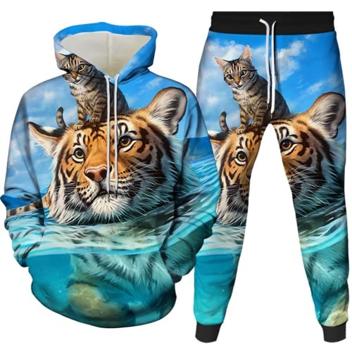 Amacigana Tiger Kapuzenpullover Set 3D Drucken Wolf Kapuzenpullover + Jogginghose Jogginganzug Sportanzug Männer Jogging Sweatshirt Hose (tiger 8,4XL) von Amacigana