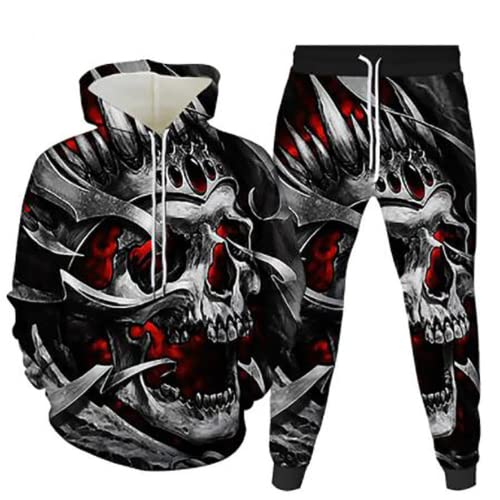 Amacigana Winteranzug Totenkopf Herren 3D Kapuzenpullover Zweiteiliges Set Skull Pattern Hoodie und Hose Trainingsanzug Jogginganzug (02,3XL) von Amacigana