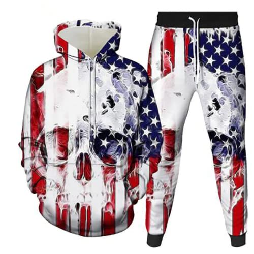 Amacigana Winteranzug Totenkopf Herren 3D Kapuzenpullover Zweiteiliges Set Skull Pattern Hoodie und Hose Trainingsanzug Jogginganzug (03,L) von Amacigana