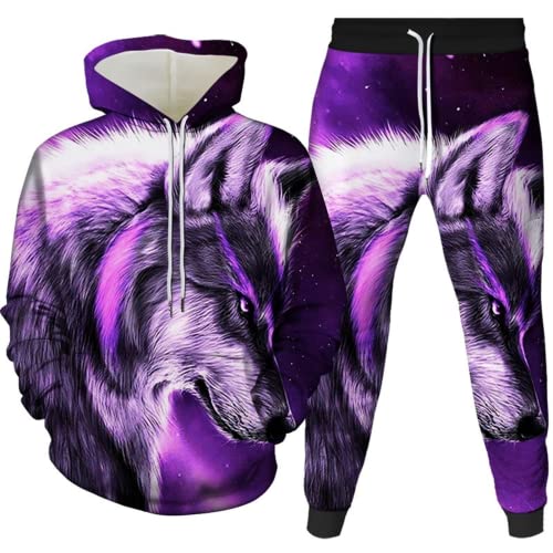 Amacigana Wolf Hoodie und Hose Herren Tier 3D-Druck lose Pullover + Jogginghose Trainingsanzug Hausanzug Joggingsuit (wolf 2,XXL) von Amacigana