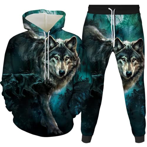 Amacigana Wolf Hoodie und Hose Herren Tier 3D-Druck lose Pullover + Jogginghose Trainingsanzug Hausanzug Joggingsuit (wolf 3,3XL) von Amacigana