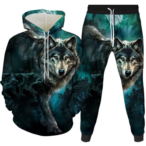 Amacigana Wolf Hoodie und Hose Herren Tier 3D-Druck lose Pullover + Jogginghose Trainingsanzug Hausanzug Joggingsuit (wolf 3,L) von Amacigana