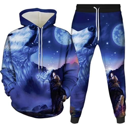 Amacigana Wolf Hoodie und Hose Herren Tier 3D-Druck lose Pullover + Jogginghose Trainingsanzug Hausanzug Joggingsuit (wolf 4,M) von Amacigana