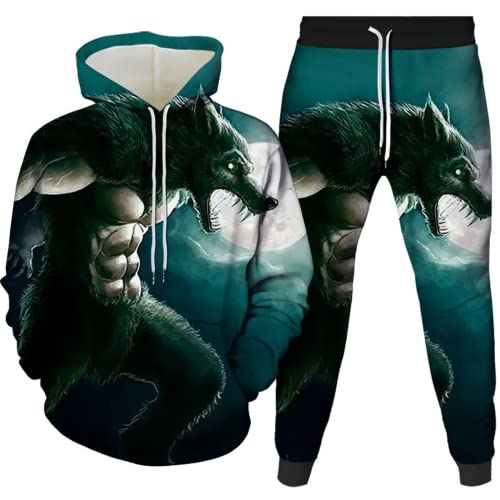 Amacigana Wolf Hoodie und Hose Herren Tier 3D-Druck lose Pullover + Jogginghose Trainingsanzug Hausanzug Joggingsuit (wolf 7,3XL) von Amacigana