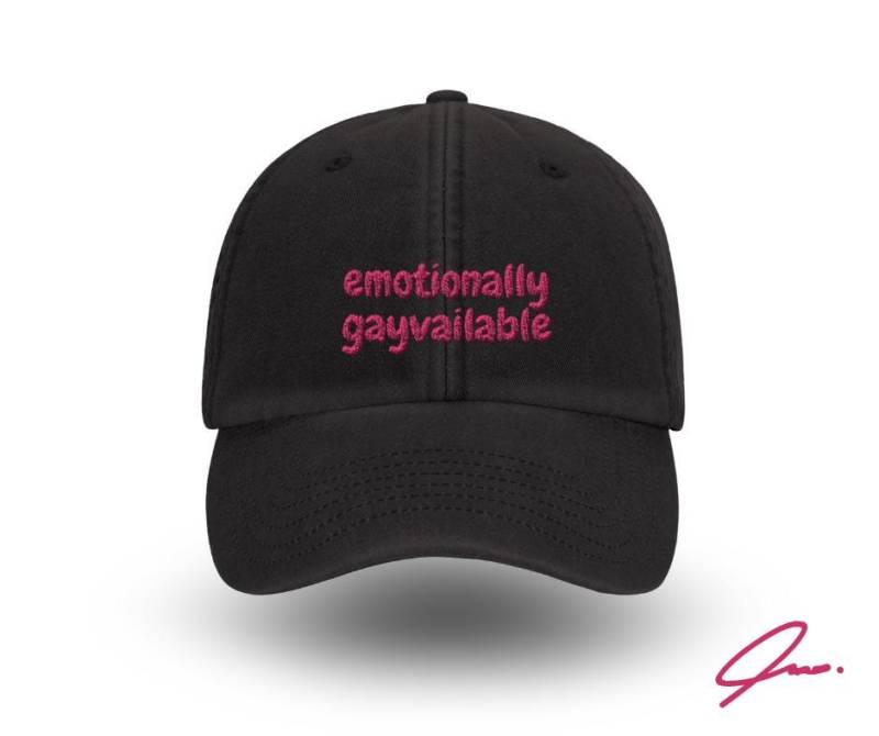 Emotionally Gayvailable Baseball Cap Vintage Washed Cotton Unisex Dad Hat Adjustable Funny Gay Pride Gift Lgbtq Embroidered Queer Humor von AmaddyaDesignStudio