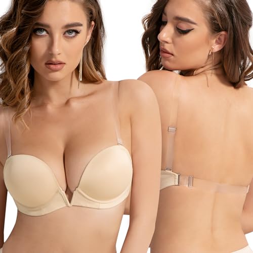 Amafuur Damen-Push-Up-BHs mit tiefem V-Ausschnitt, gepolstert, mit transparenten Trägern, rückenfrei, wandelbar, niedrig geschnitten, Bügel-BH, Beige, 80C von Amafuur