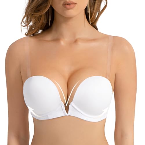Amafuur Damen-Push-Up-BHs mit tiefem V-Ausschnitt, gepolstert, mit transparenten Trägern, rückenfrei, wandelbar, niedrig geschnitten, Bügel-BH, Weiss/opulenter Garten, 85A von Amafuur