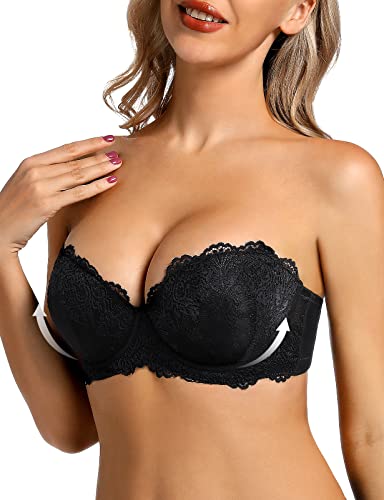 Amafuur Push Up Trägerloser Spitzen-BH Stark Gepolstert Hinzufügen 2 Cup mit klaren Trägern Multiway Sexy Balconette, Schwarz, 95A von Amafuur