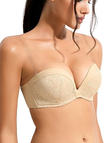 Amafuur Trägerloser Push-Up-BH mit durchsichtigen Trägern, stark gepolstert, 2 Cups, niedrig geschnitten, Spitzen-Bügel-BHs, Hautfarben, 75DD von Amafuur