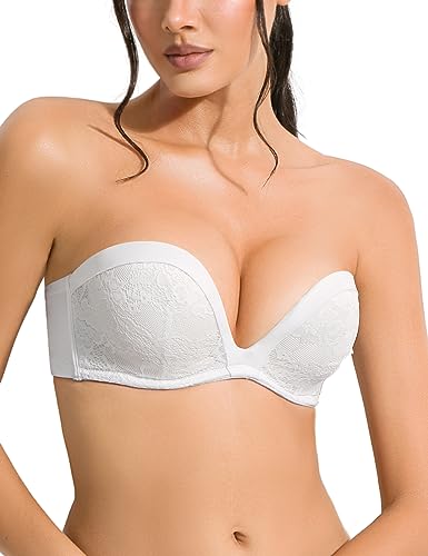 Amafuur Trägerloser Push-Up-BH mit durchsichtigen Trägern, stark gepolstert, 2 Cups, niedrig geschnitten, Spitzen-Bügel-BHs, Weiss/opulenter Garten, 80B von Amafuur