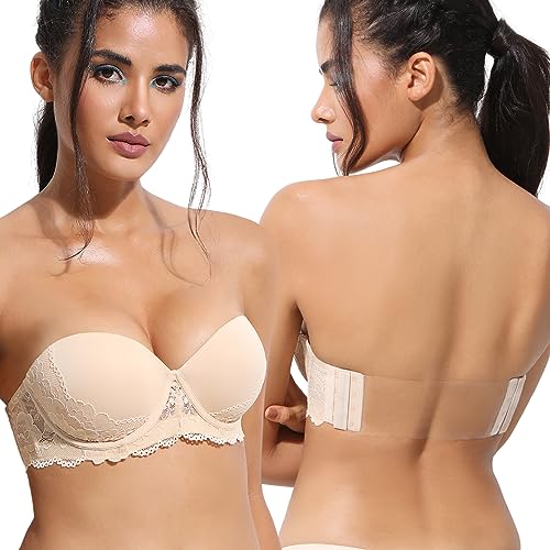 Damen Transparente Rückseite Trägerloser Super Gepolsterter Push Up Spitze BH Umwandelbare Träger Bügel Lift Up BHs, Hautfarben, 70C von Amafuur