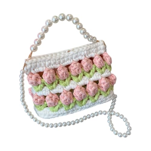 Amagogo DIY Strick -Häkelbeutel Kit Herstellung Materialien Set süße gestrickte Tasche Elegante blumblüte handgemacht gewebte Handtasche Frauen Umhängetasche, Weißes Grünrosa von Amagogo