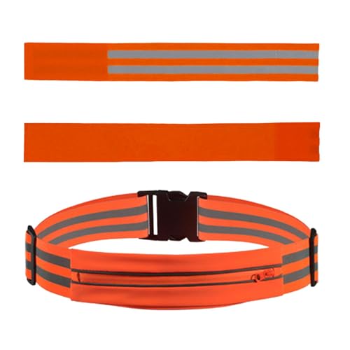 Amagogo Reflektierender Laufgürtel, reflektierende Laufausrüstung, Läufer-Gürteltasche für Männer und Frauen, Laufgürteltasche, Sicherheitsgurt zum Wandern, Orange, 1 Belt and 2 Armband von Amagogo