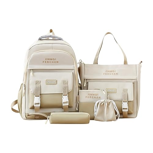 Amagogo Schultaschen Set, Schulranzen, Federmäppchen, 5 Teilig, Schulranzen Rucksack für Die Schule, für Teenager Der Mittelschule, Jungen, Beige von Amagogo