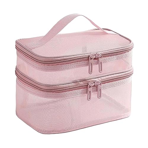 Doppelschichtige Make-up-Tasche, Make-up-Organizer, tragbare Aufbewahrungstasche, Aufbewahrungstasche für Toilettenartikel, Flaschen in voller Größe, ROSA von Amagogo