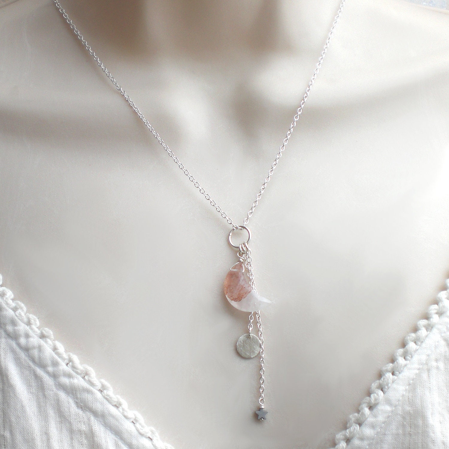 Mond Stern Kette 925 Silber - Lariat Y-Halskette Himmel Halsschmuck | N962 von AmaleeJewelry