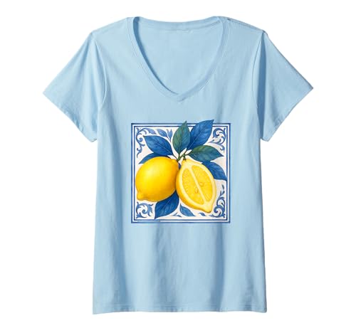 Damen Frische mediterrane Zitronen Italien T-Shirt mit V-Ausschnitt von Amalfi Coast Italian Style Summer Designs