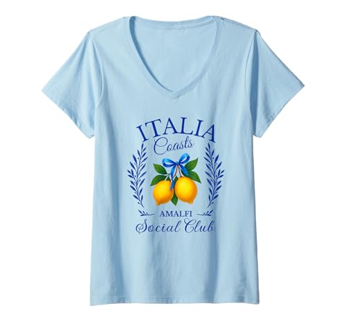 Damen Italien Amalfi Coast Social Club Zitronen mit Schleife Retro T-Shirt mit V-Ausschnitt von Amalfi Coast Italian Style Summer Designs