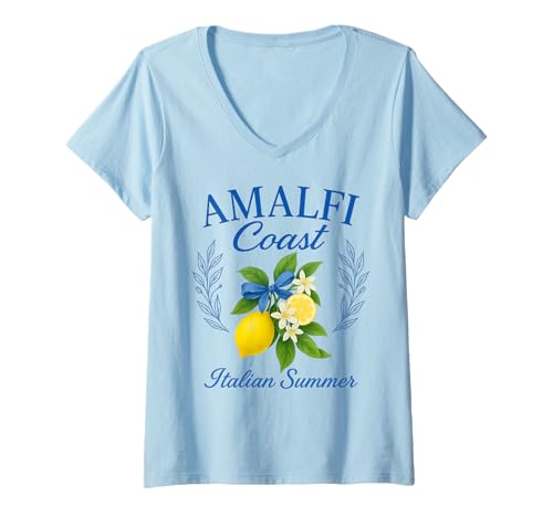 Damen Amalfi Coast Italienische Sommer Italien Zitronen Kokette Schleife Retro T-Shirt mit V-Ausschnitt von Amalfi Coast Italian Summer Lemons Designs