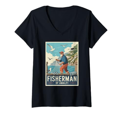 Damen Fisherman Amalfi Küste Meer Möwen Italien Hafen T-Shirt mit V-Ausschnitt Damen Fisherman Amalfi Küste Meer Möwen Italien Hafen T-Shirt mit V-Ausschnitt von AmalfiCatch