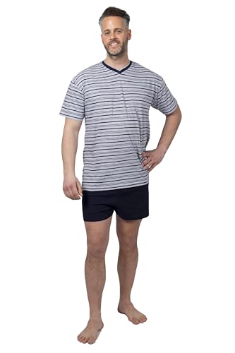 Amantes Textiles Schlafanzug Herren Kurz Baumwolle Pyjama mit V-Ausschnitt Zweiteiliges Set Kurzarm Oberteil und Shorty Schlafanzughose 100% Baumwolle - Grau Marineblau Gestreift - L/XL von Amantes Textiles