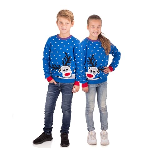 Amantes Textiles Weihnachtspullover Kinder - Weihnachtspulli aus 100% Baumwolle für Jungen und Mädchen, Rentier Motiv Blau - 128/134 von Amantes Textiles