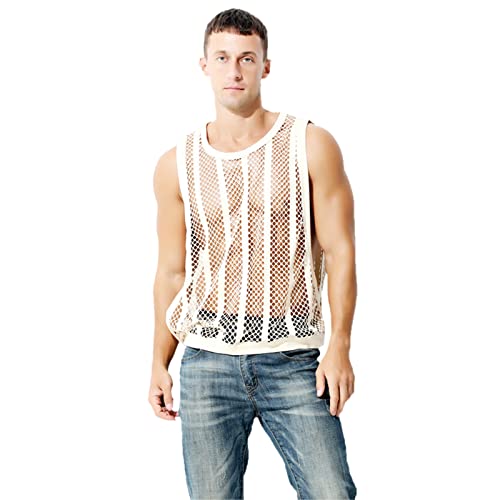 Amaone Oberteil Slim Fit Unterhemden Männer Wide Edge Sport ärmelloses Fischernetz Stripe Split Vest Top T-Shirt mit Mesh Spleiß Glänzend (C-Khaki, S) von Amaone