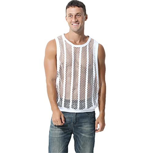 Amaone Oberteil Slim Fit Unterhemden Männer Wide Edge Sport ärmelloses Fischernetz Stripe Split Vest Top T-Shirt mit Mesh Spleiß Glänzend (C-White, S) von Amaone