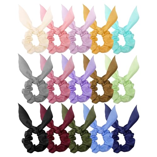 Amariver Haargummis für Damen, Haargummis mit Schleife, Satin-Haargummis für dickes, dünnes Haar, Hasenohr-Haargummis, niedliches Haarzubehör für Frauen und Mädchen, 15 Stück von Amariver