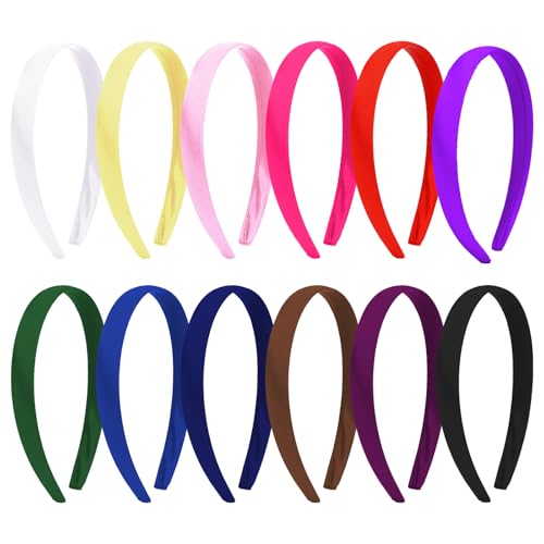 Amariver Satin-Stirnbänder für Damen, 2 cm, dünne harte Haarbänder, DIY, einfarbiges Haarband, buntes Satin-Stirnband, modischer Haarschmuck für Damen und Mädchen, 12 Stück von Amariver