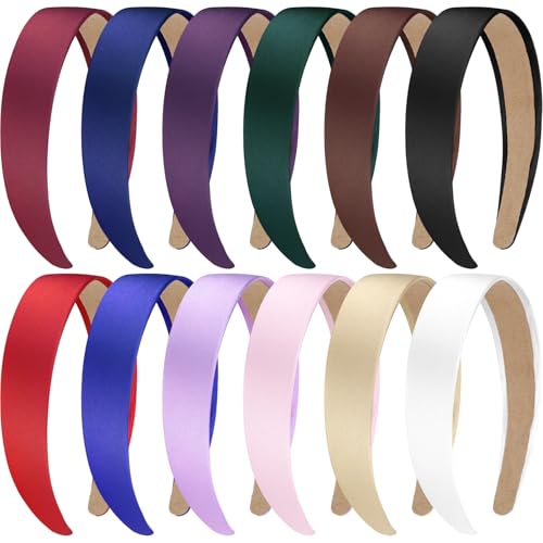 Amariver Satin-Stirnbänder für Damen, 3 cm, dünn, bunt, Haarbänder, DIY, einfarbig, modisches Haar-Accessoire für Damen und Mädchen, 12 Stück von Amariver