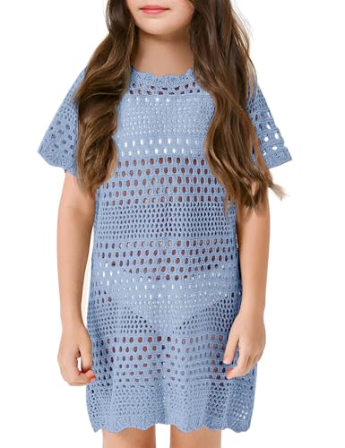 Amarmia Mädchen Badeanzug Cover Up Crochet Badeanzug Cover Ups Kurzarm Sommer Strandkleid, Blau, 13-14 Jahre von Amarmia