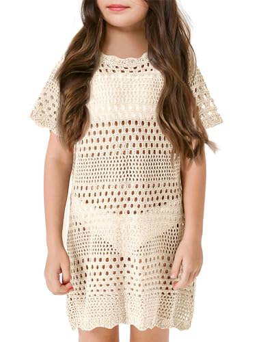 Amarmia Mädchen Badeanzug Cover Up Crochet Badeanzug Cover Ups Kurzarm Sommer Strandkleid, aprikose, 10-12 Jahre von Amarmia