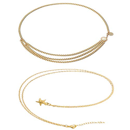 Amasawa 2 Stück Körper Bauch Taille Kette,Damen Trendy Multi Layer Metal Link Taille Kette Gürtel,Multilayer Legierung Taille Kette Körperkette,Frauen Taillengürtel Anhänger,Modische Accessoires von Amasawa