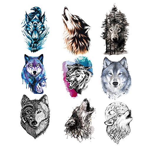 9 Blätter Wolf Tattoo für Frauen Männer, Lot Wolf Tattoo Aufkleber für Frauen Männer Mode Body Art Erwachsene Wasserdichte Hand Gefälschte Tätowierung (21 * 15 cm) von Amasawa