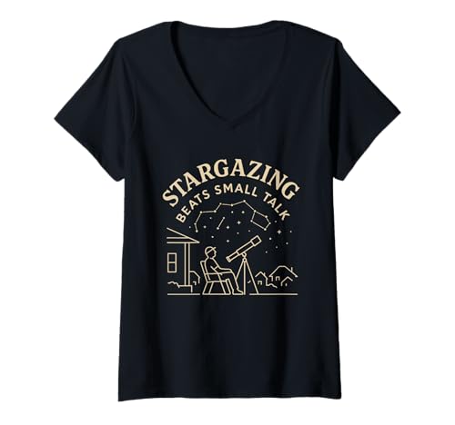 Damen Suburban Stargazing Teleskop Astronomie Nerd Sternennacht T-Shirt mit V-Ausschnitt Damen Suburban Stargazing Teleskop Astronomie Nerd Sternennacht T-Shirt mit V-Ausschnitt von Amateur Astronomer Moon Phase Backyard Skywatch