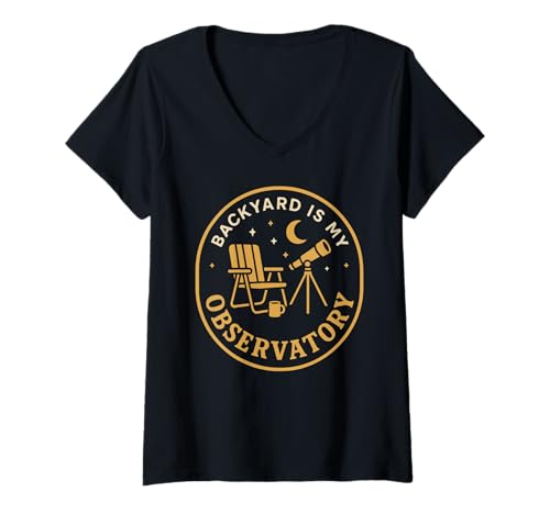 Damen Suburban Stargazing Teleskop Astronomie Nerd Sternennacht T-Shirt mit V-Ausschnitt Damen Suburban Stargazing Teleskop Astronomie Nerd Sternennacht T-Shirt mit V-Ausschnitt von Amateur Astronomer Moon Phase Backyard Skywatch