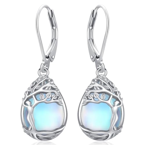Mondstein Ohrringe 925 Sterling Silber Ohrhänger Lebensbaum Ohrringe für Damen Regenbogen Mondstein Leverback Schmuck Tropfen Geschenke für Mädchen Kinder von Amavive