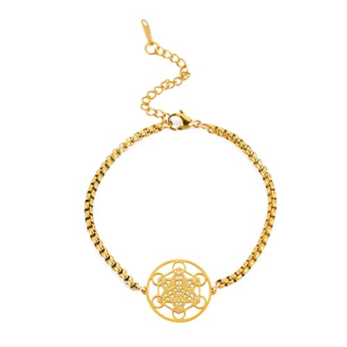 Amax Metatrons Würfel Armband für Frauen Erzengel Metatron Schutz Statement Ausgehöhlt Edelstahl Anhänger Charm Armband für Unisex Box Kette (Gold) von Amaxer