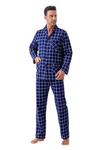 Amaxer 100% Baumwolle Herren Flanell Pyjamas Set Herren Pyjamas Home Fashion Pyjamas Langarm Hosen Set Oberteile mit Taschen Pyjamahosen mit Kordelzug/3XL von Amaxer