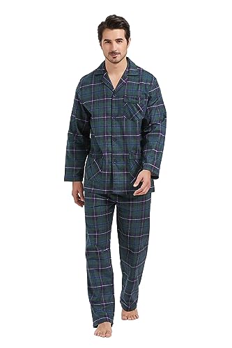 Amaxer 100% Baumwolle Herren Flanell Pyjamas Set Herren Pyjamas Home Fashion Pyjamas Langarm Hosen Set Oberteile mit Taschen Pyjamahosen mit Kordelzug,Blau-grün kariert mit weißen Linien,M von Amaxer