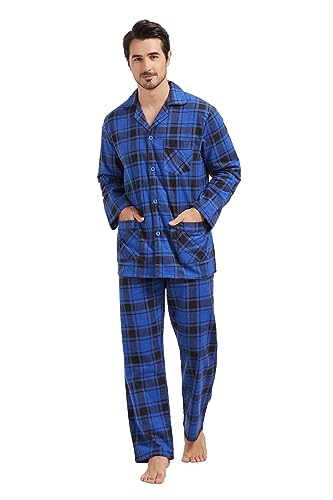 Amaxer 100% Baumwolle Herren Flanell Pyjamas Set Herren Pyjamas Home Fashion Pyjamas Langarm Hosen Set Oberteile mit Taschen Pyjamahosen mit Kordelzug,Blau-schwarzes Karo,S von Amaxer