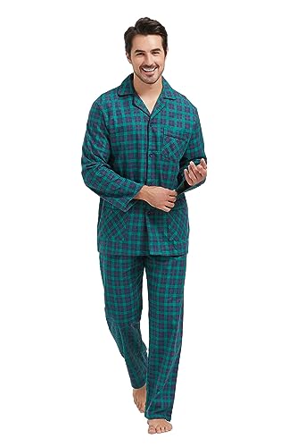 Amaxer 100% Baumwolle Herren Flanell Pyjamas Set Herren Pyjamas Home Fashion Pyjamas Langarm Hosen Set Oberteile mit Taschen Pyjamahosen mit Kordelzug,Blau und grün kariert,XXL von Amaxer